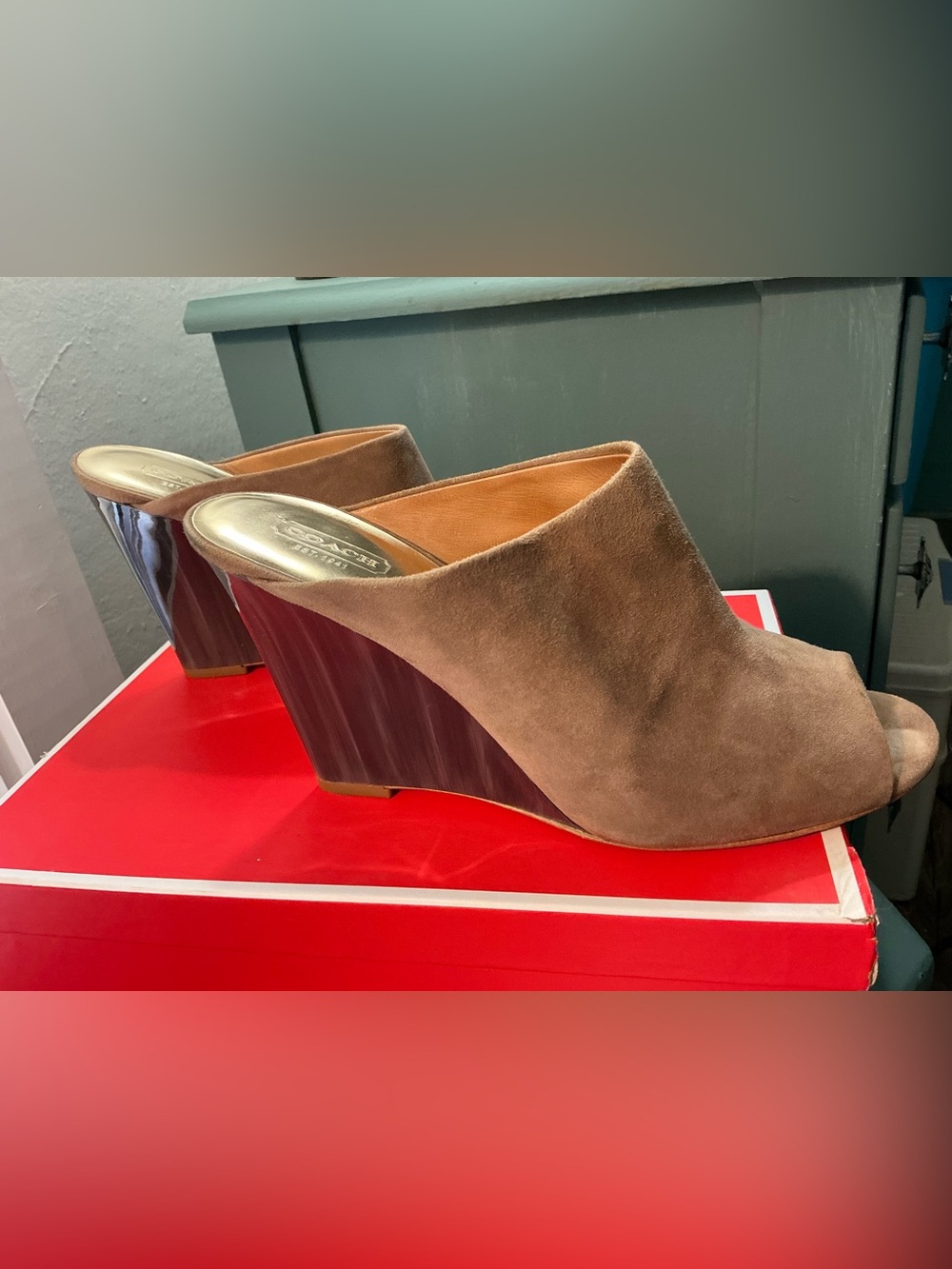 Coach Taupe Suede Peep-Toe Wedge Mules with Wood-Effect Heel
